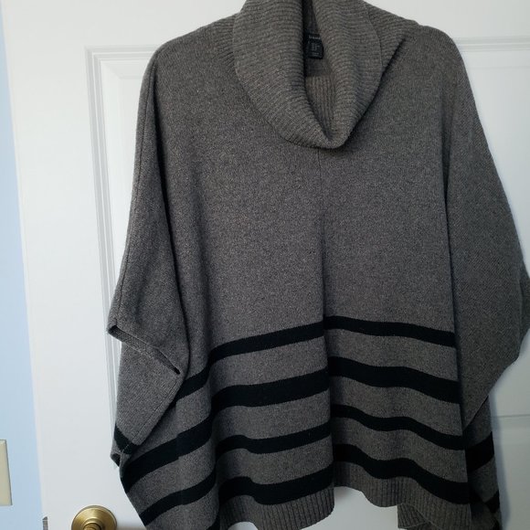 Tahari Lagenlook Oversized Boxy Wool & Yak Cowl Neck Striped Poncho - Picture 2 of 7